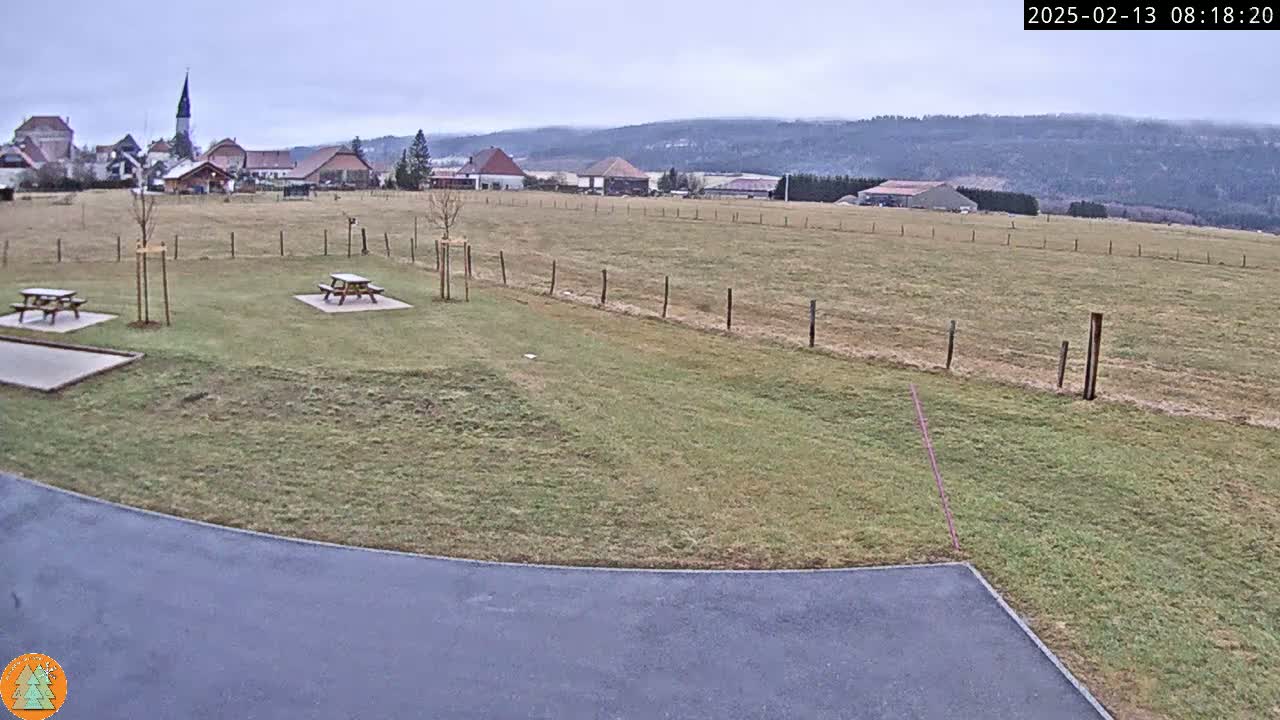A grassy field with two picnic tables, a paved area, and a small village in the background under an overcast sky.