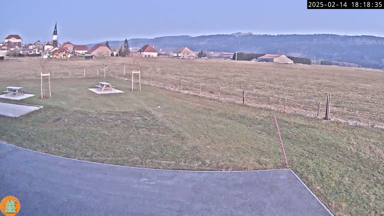A flat, grassy field with two picnic tables, a paved area, and a small village with a church spire visible in the background under a clear twilight sky.