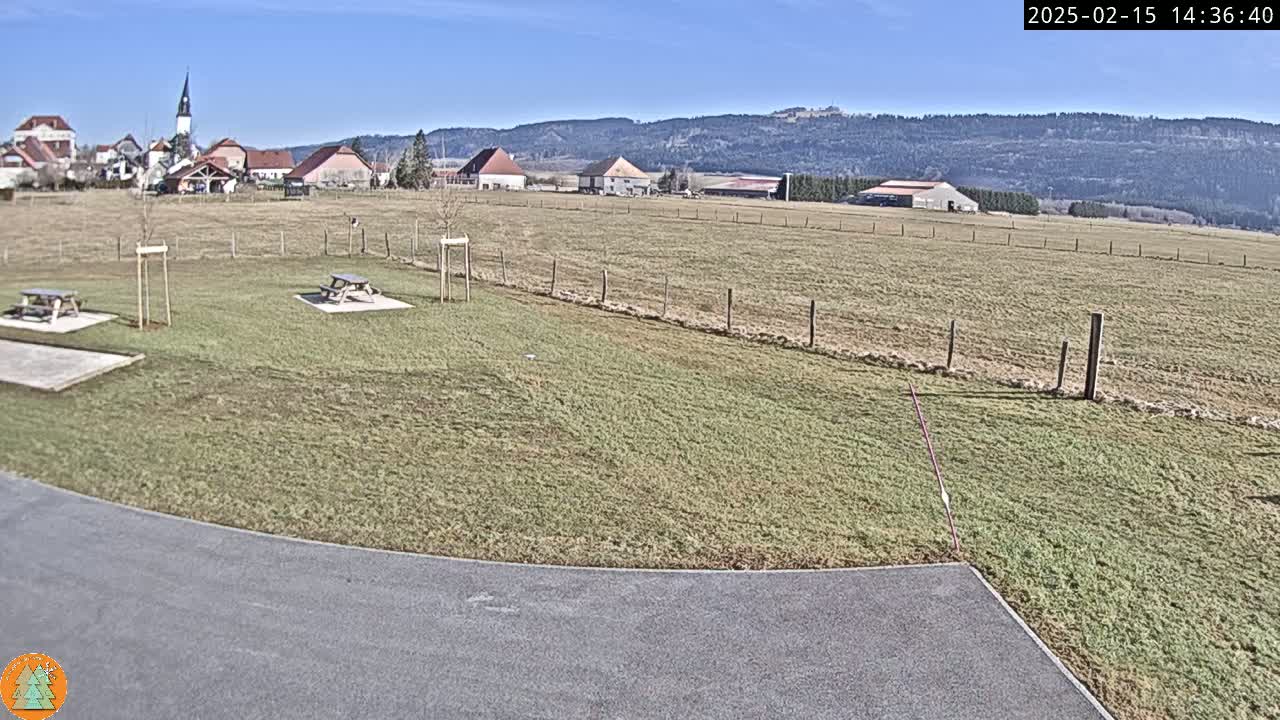 A grassy field with picnic tables, a paved area, and a small village in the background under a clear blue sky.