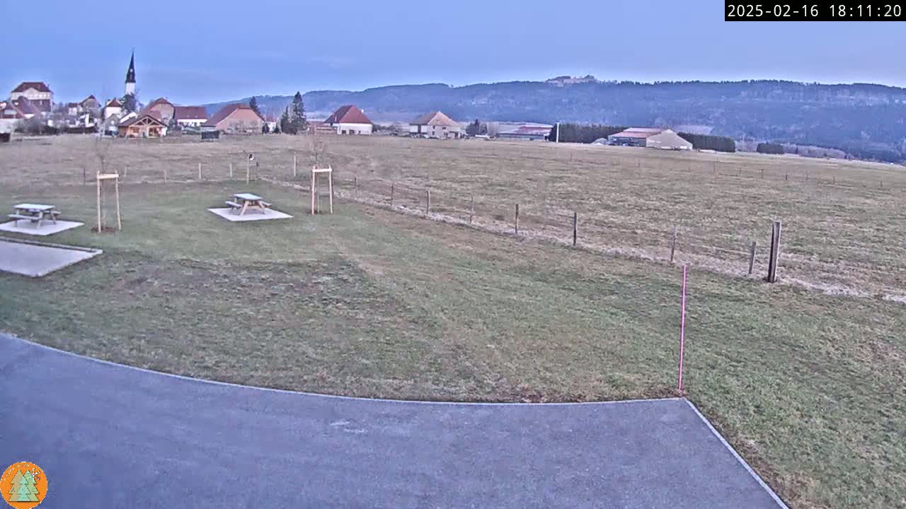 A grassy field with two picnic tables and a small village in the background under a twilight sky.