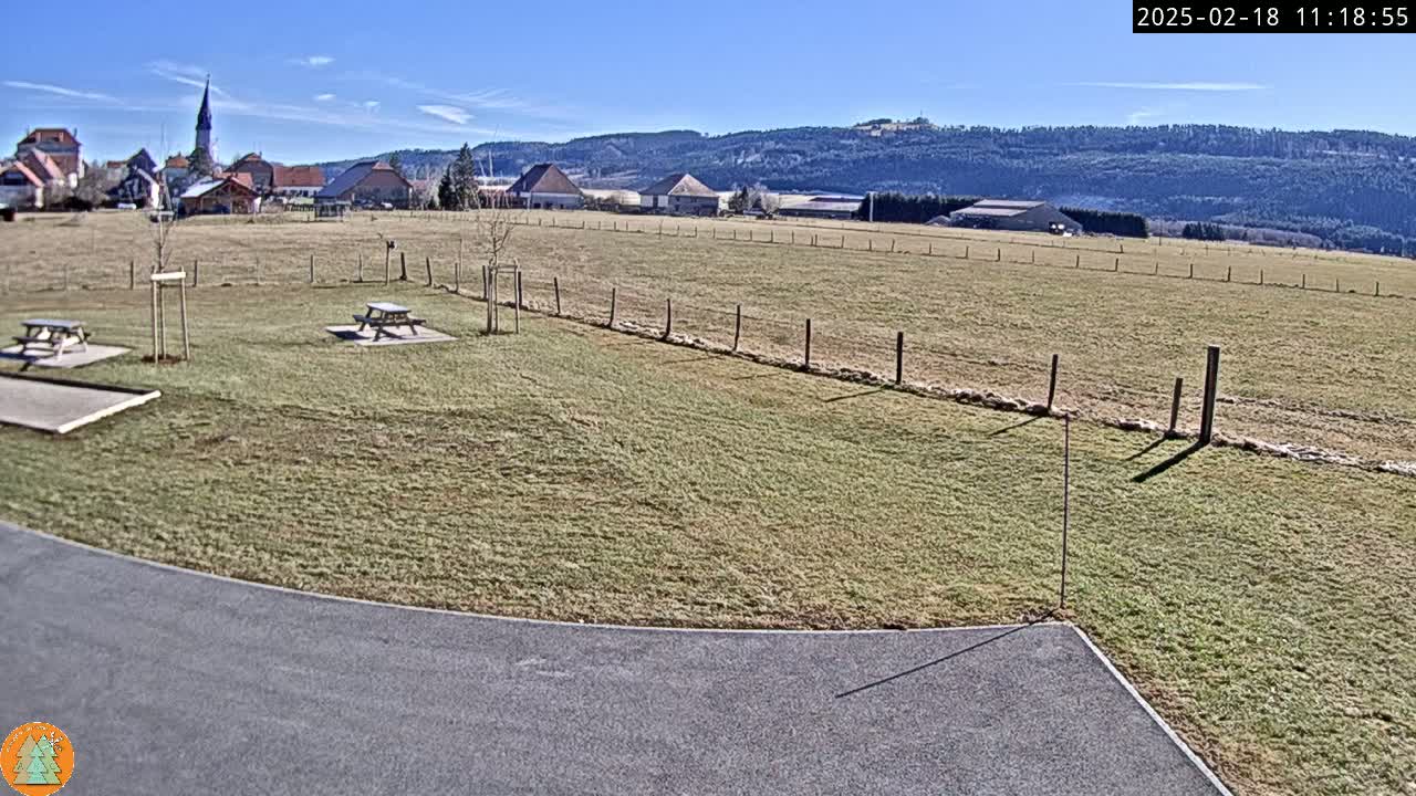 A sunny, outdoor view of a grassy field with two picnic tables, a small village in the background, and a paved area in the foreground.