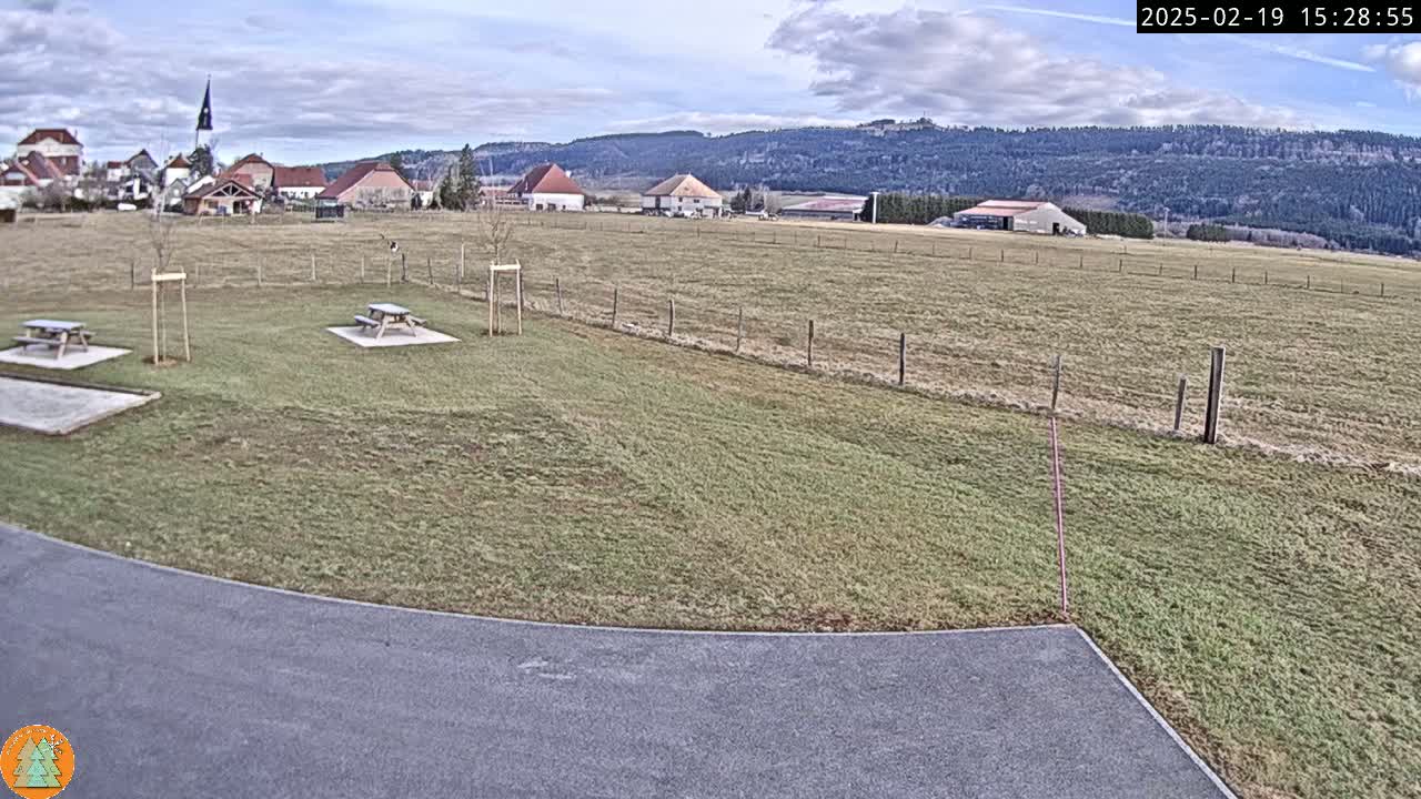 A mostly sunny day reveals a grassy field with two picnic tables, a paved area, and a small village with a church steeple in the background, all bordered by a wooden fence and overlooking a forested hillside.
