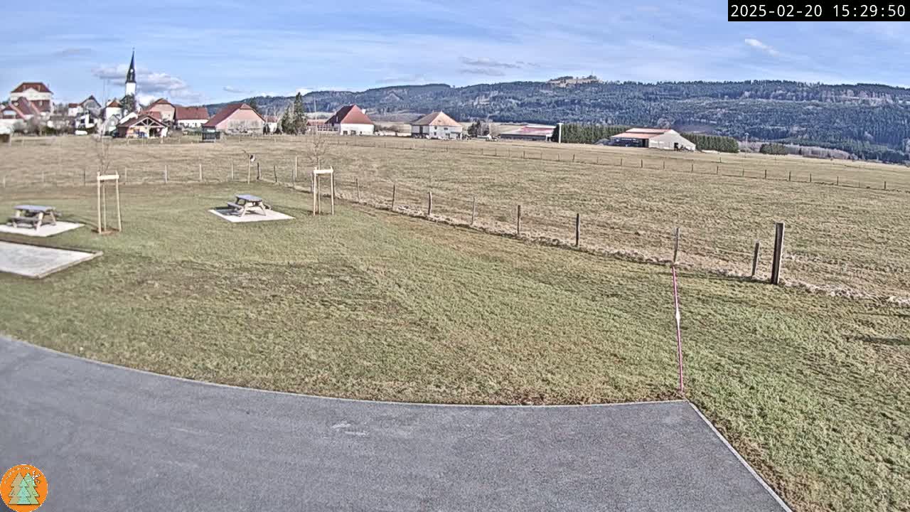 A sunny day reveals a grassy field with two picnic tables, a paved area, and a village with a church steeple in the background, all nestled against a backdrop of forested hills.