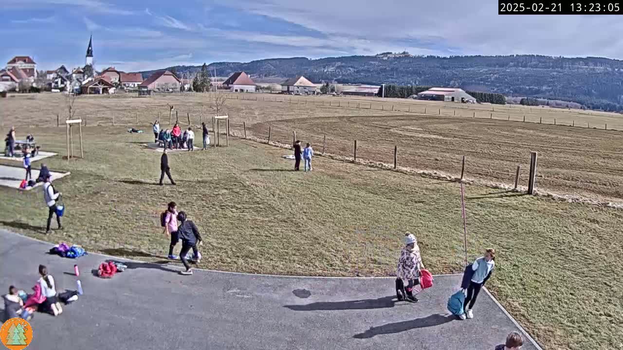 A sunny day shows a group of people, mostly children, gathered in a grassy field near a village with a church steeple in the background.
