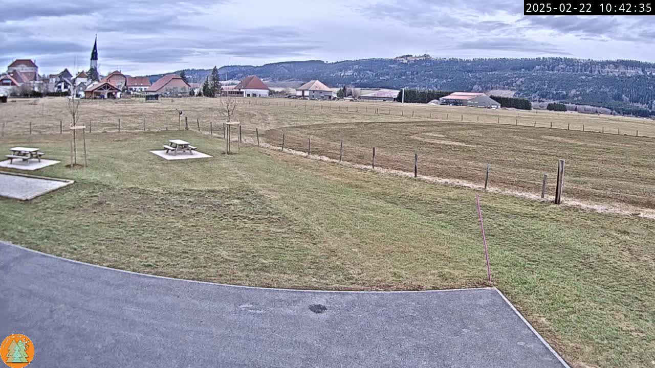 A mostly-clear day reveals a grassy field with two picnic tables, a paved area, and a small village in the background, set against a backdrop of rolling hills and distant mountains.