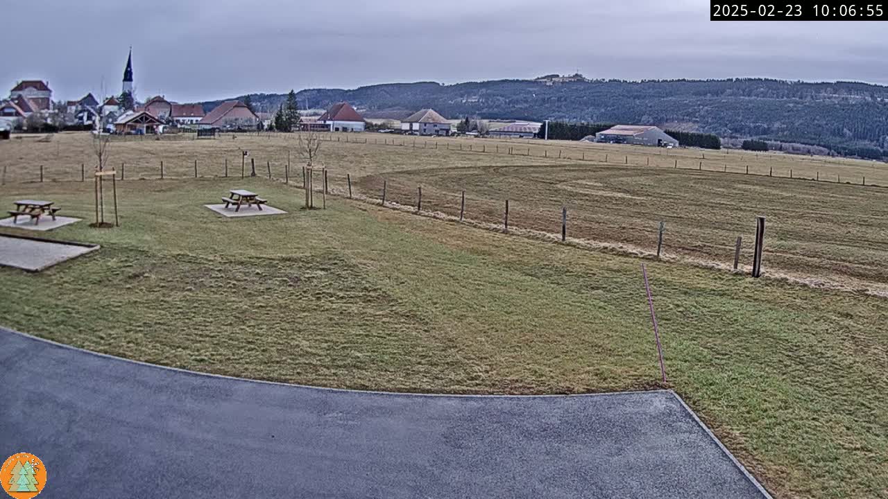 A mostly cloudy day reveals a grassy field with two picnic tables near a paved area, overlooking a small village nestled against a line of dark hills.