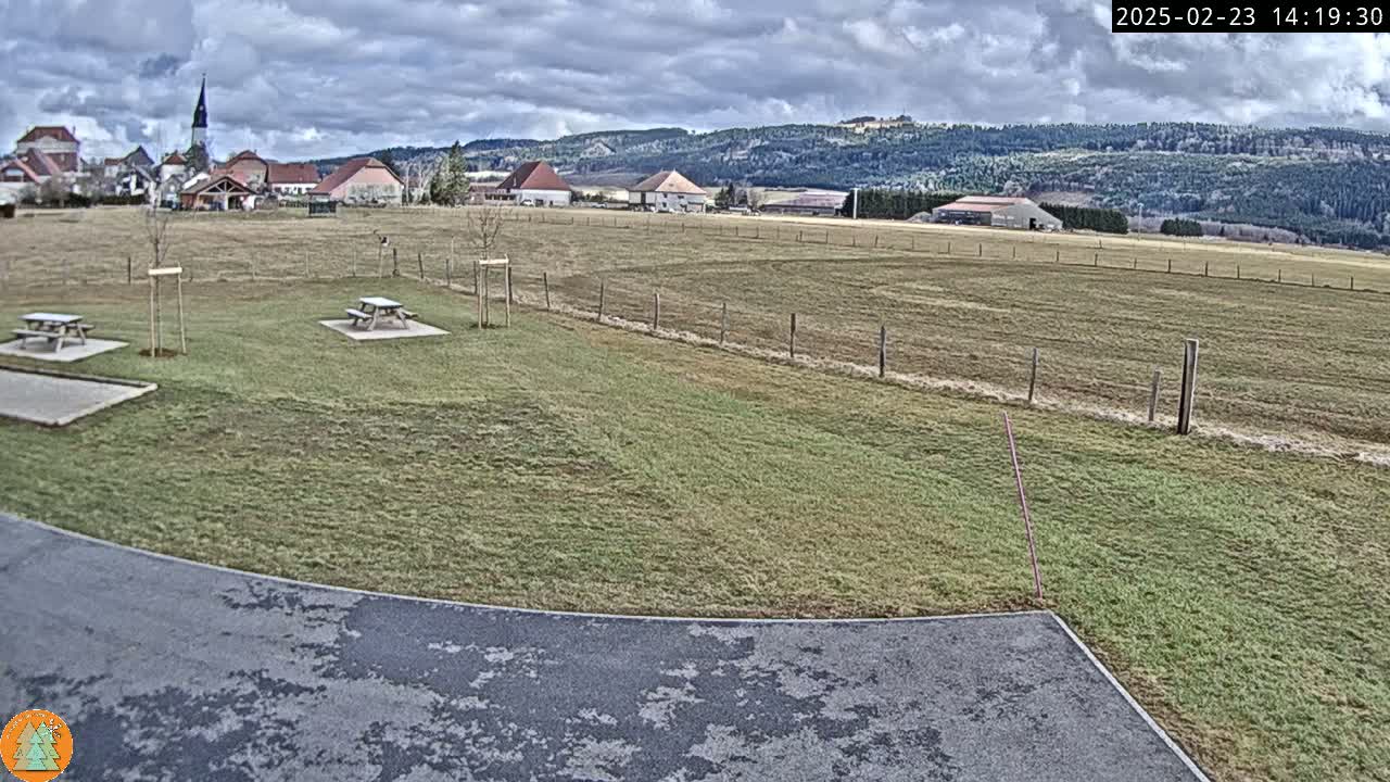 A grassy field with two picnic tables sits before a small village nestled against a backdrop of dark, rolling hills under a partly cloudy sky.