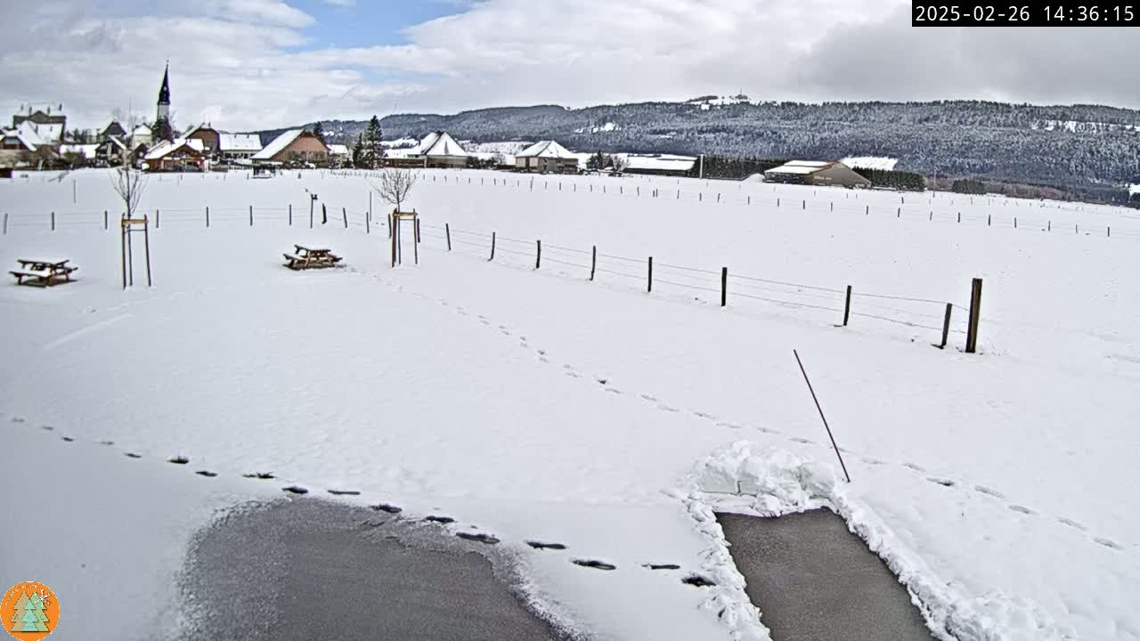 A snow-covered field with picnic tables, a fence, and a village in the background under a partly cloudy sky.