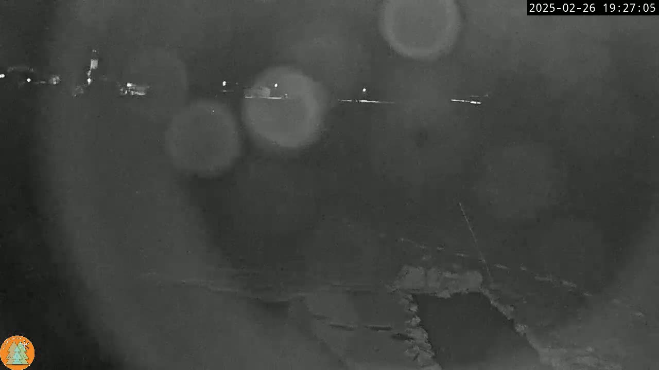 A nighttime, blurry view of a distant, dimly lit landscape with rain or snow falling.