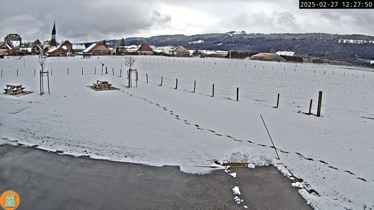 A snow-covered field with picnic tables and a small village in the background under a cloudy sky.
