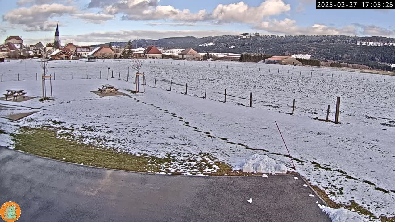 A snow-covered field with picnic tables and a village in the background under a partly cloudy sky.