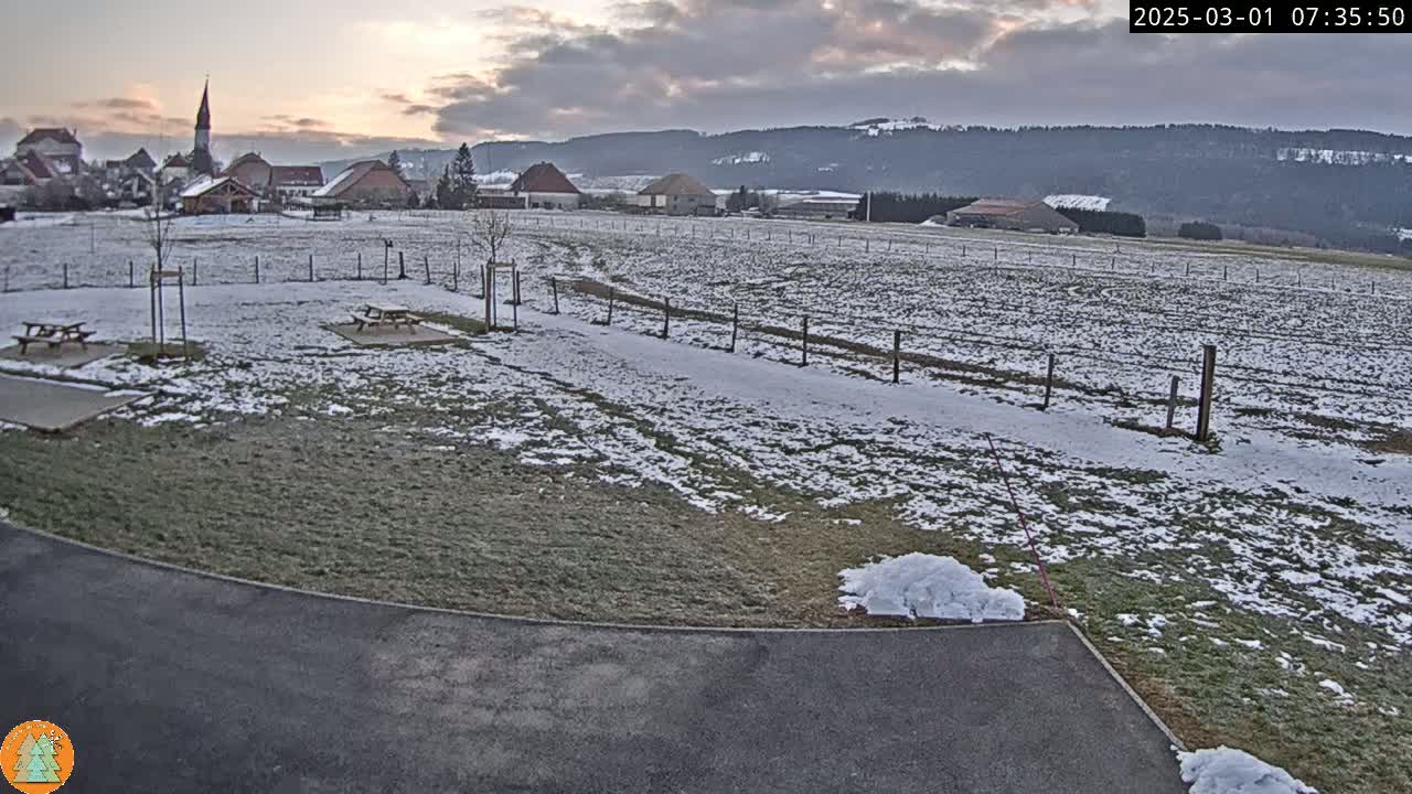 A partly snow-covered field with picnic tables and a small village in the background under a cloudy sunrise.