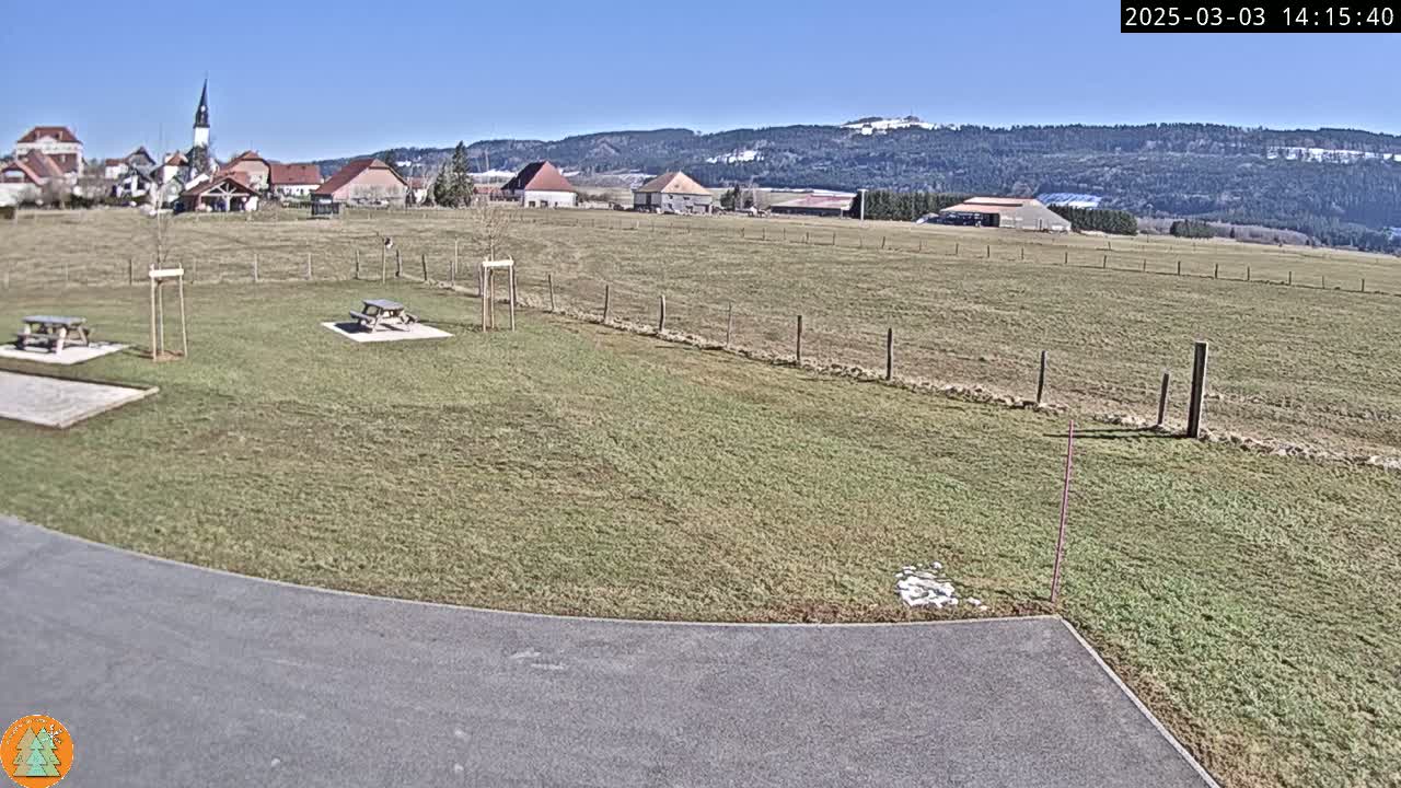 A grassy field with two picnic tables, a paved area, and a small village in the background under a clear blue sky.