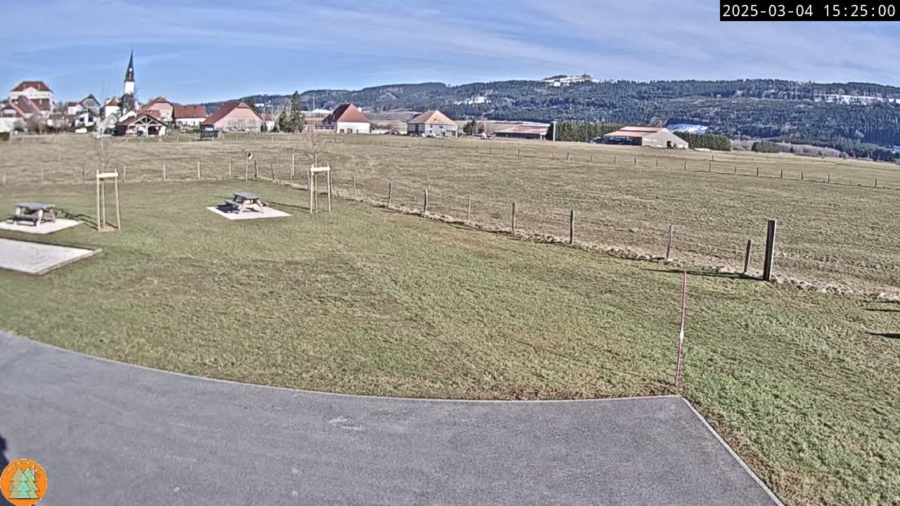 A grassy field with two picnic tables and a small village in the background under a clear blue sky.