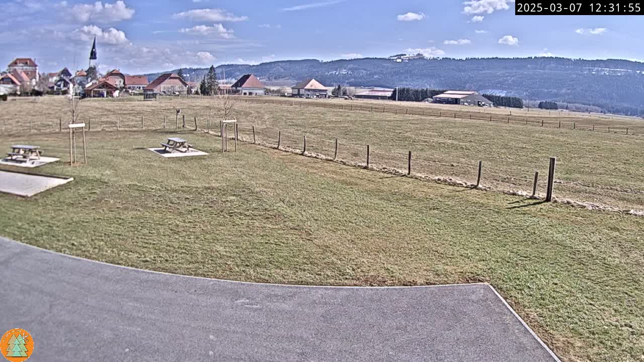 A grassy field with two picnic tables, a paved area, and a small village in the background under a partly cloudy sky.