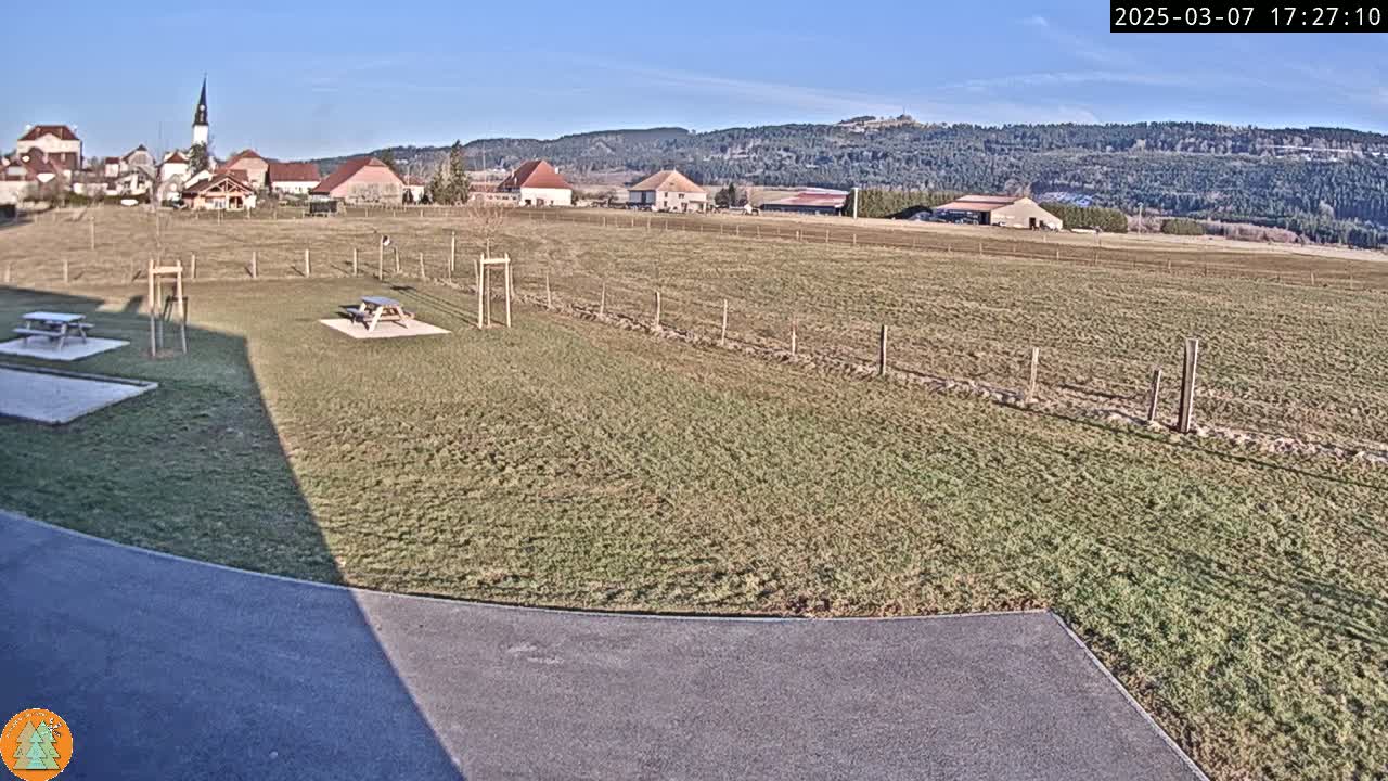 A sunny, outdoor view of a grassy field with picnic tables, a small village in the background, and a distant forest-covered mountain range.