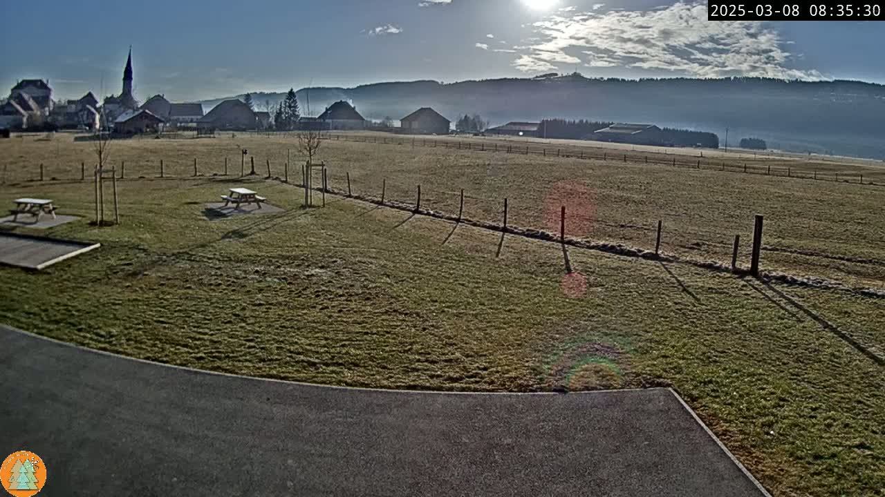 A sunny day reveals a grassy field with picnic tables, a small village in the distance, and a low mountain range under a partly cloudy sky.