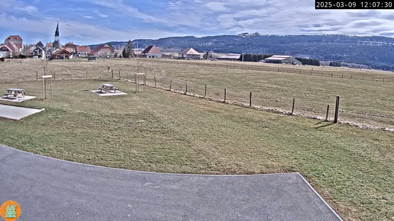 A sunny day reveals a grassy field with two picnic tables, a small village in the background, and a paved area in the foreground.