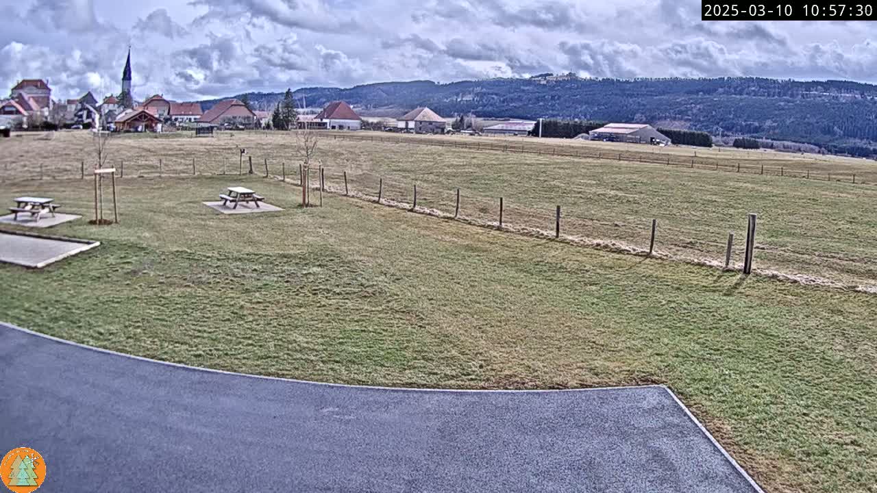 A mostly sunny day reveals a grassy field with two picnic tables, a paved area, and a village in the background nestled against a backdrop of distant hills and a forest.