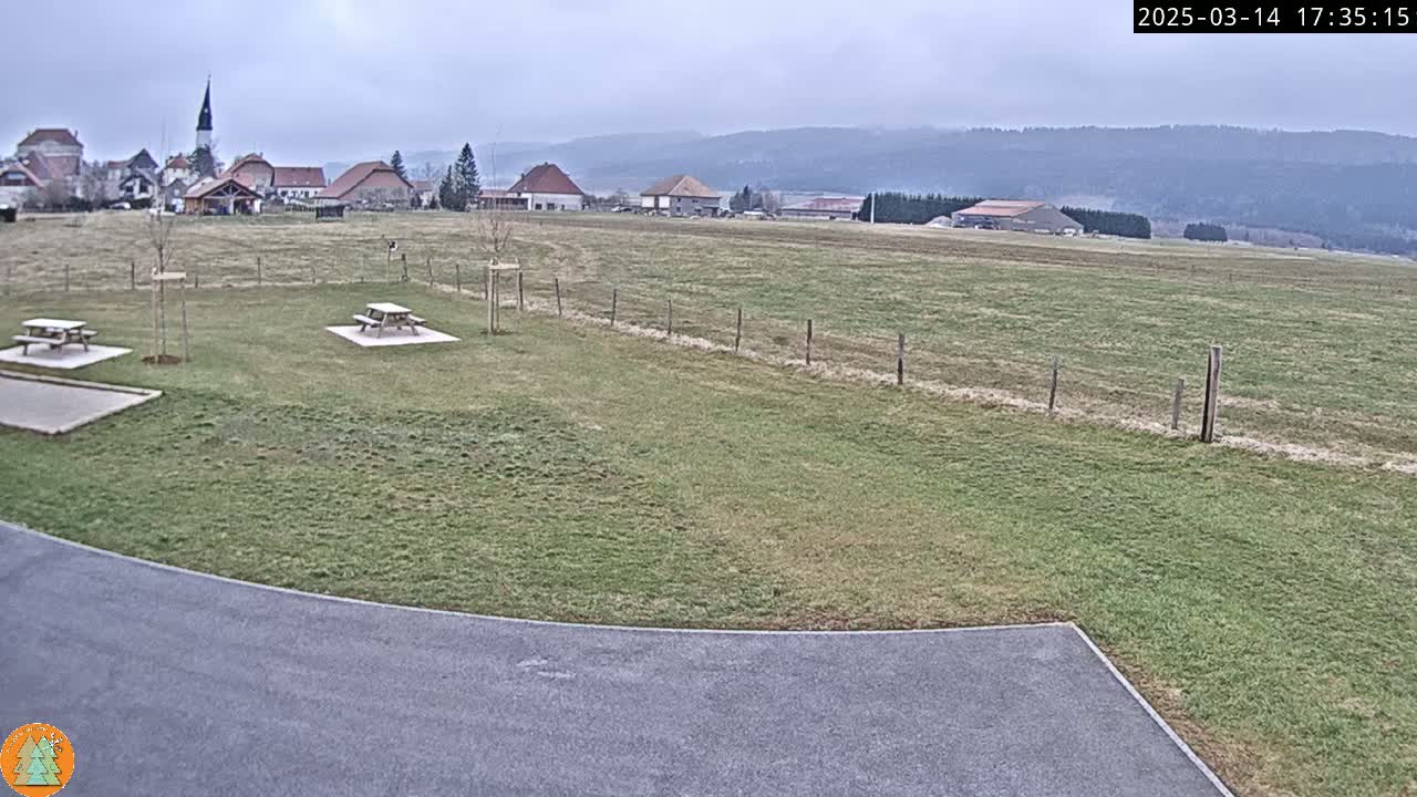 A grassy field with two picnic tables and a paved area is visible in front of a small village under an overcast sky.