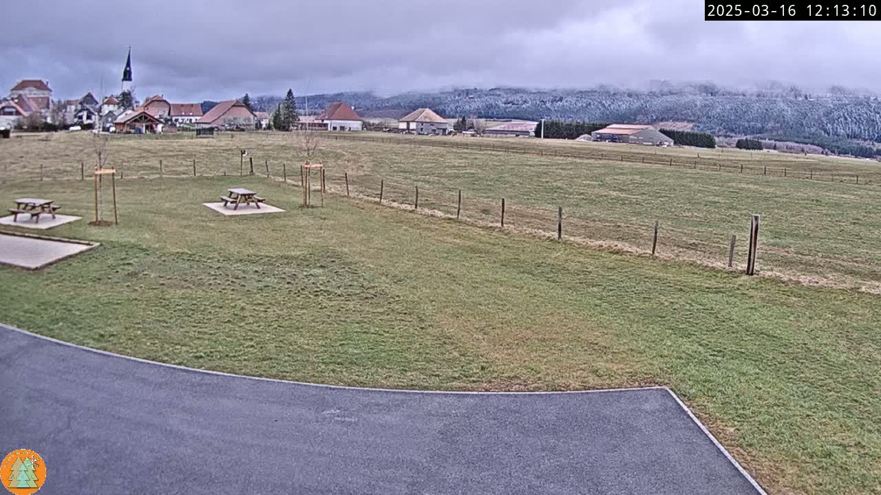 A grassy field with two picnic tables sits in front of a small village under an overcast sky, with snow-dusted mountains visible in the distance.