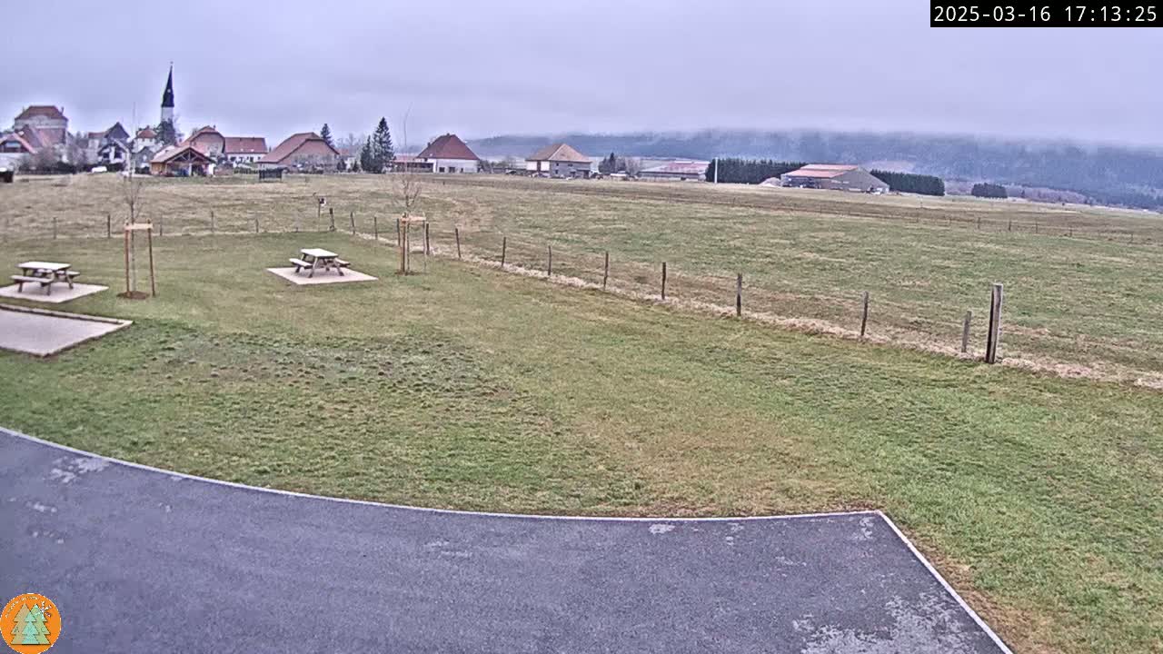 A grassy field with two picnic tables and a paved area, overlooking a small village under a cloudy sky.