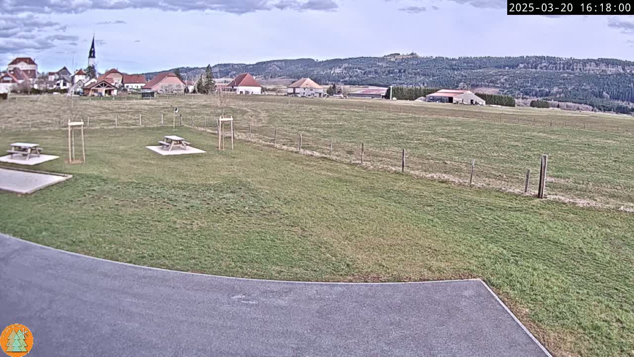 A grassy field with two picnic tables and a paved area, overlooks a small village nestled against a backdrop of distant hills under a partly cloudy sky.