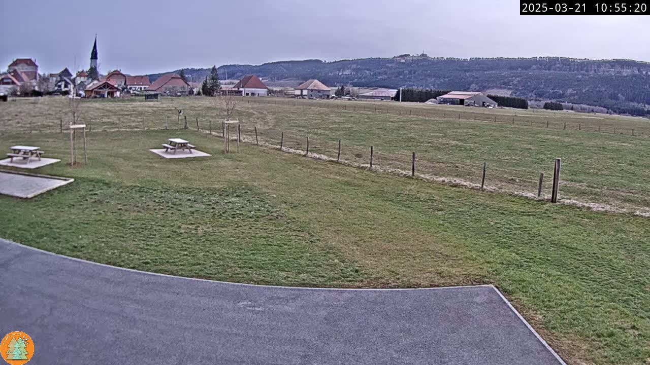 A grassy field with two picnic tables is situated near a small village under a cloudy sky, with a range of hills in the background.