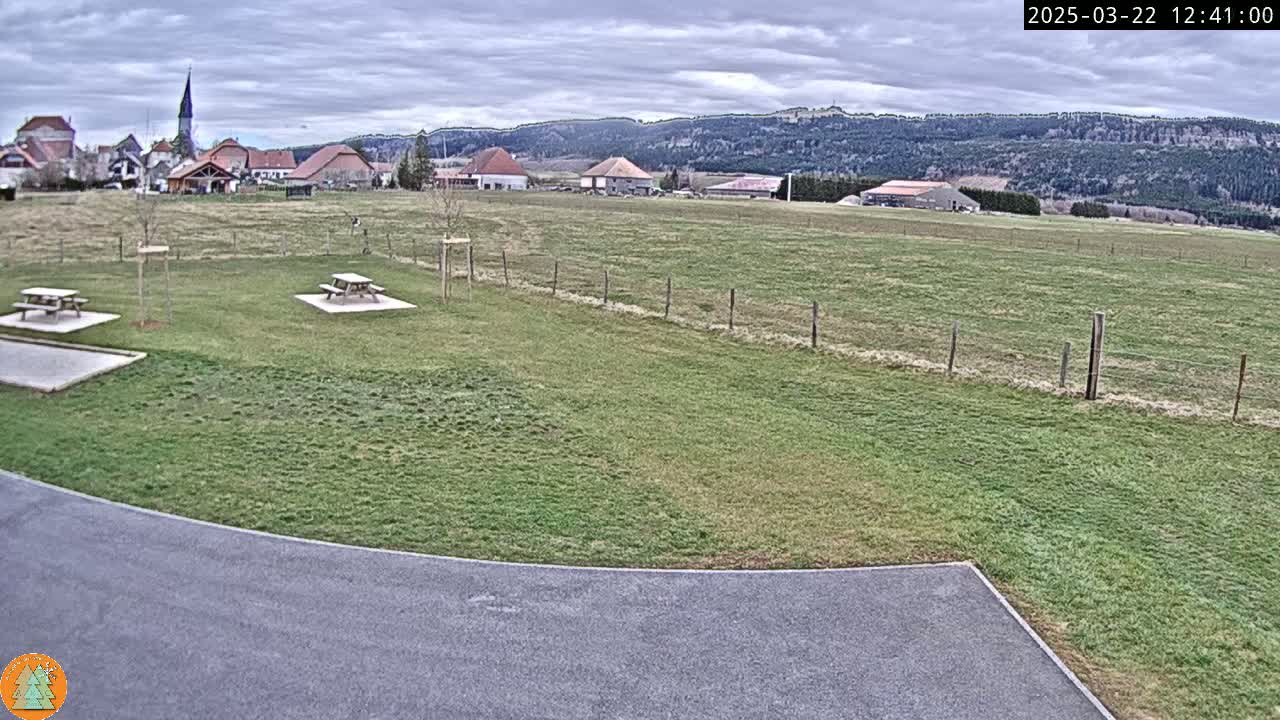 A grassy field with two picnic tables, a paved area, and a village with a church steeple in the background under a cloudy sky.