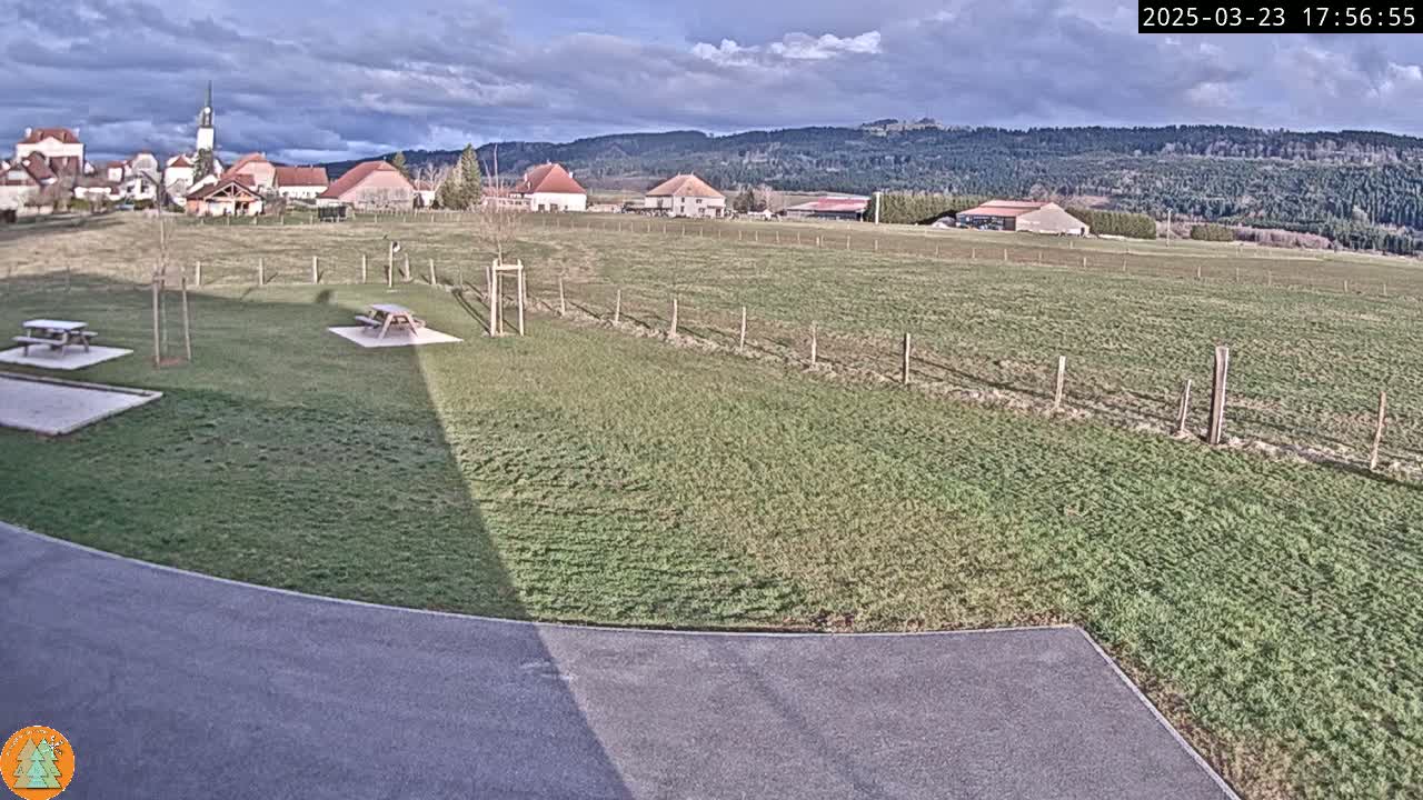 A grassy field with two picnic tables and a small village in the background under a partly cloudy sky.