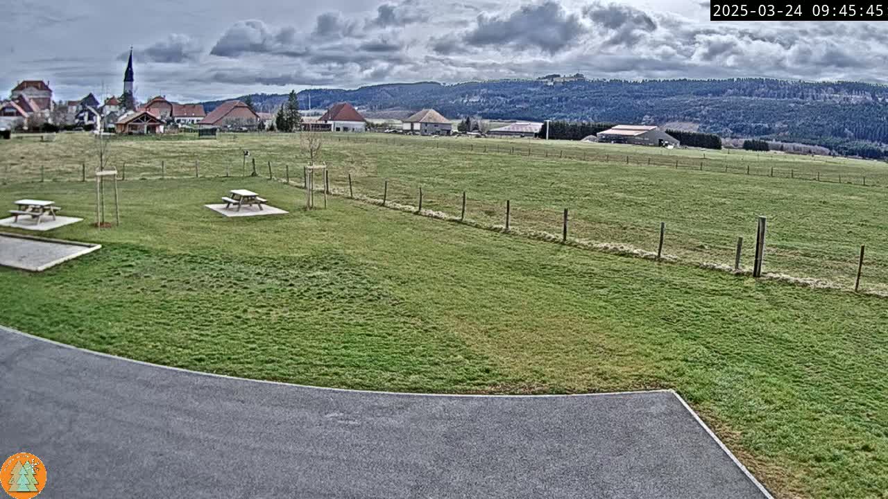A grassy field with two picnic tables, a paved area, and a small village with a church steeple in the background under a cloudy sky.