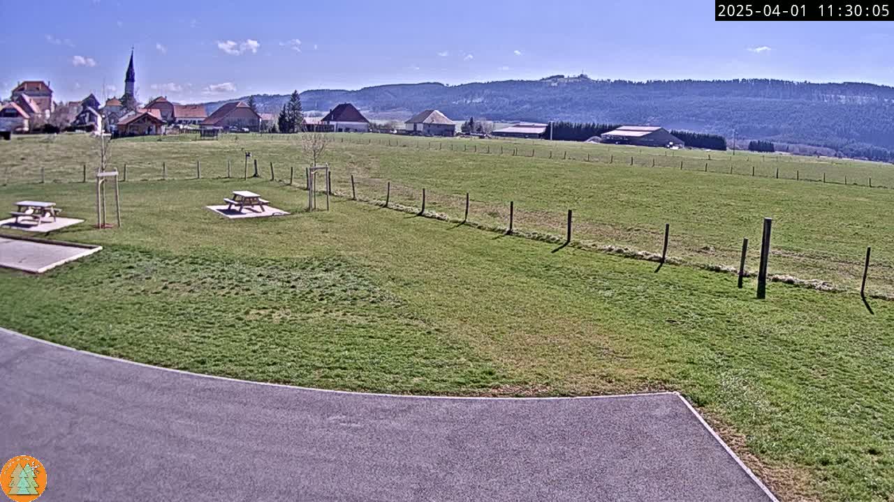 A grassy field with picnic tables, a paved area, and a small village in the background under a sunny sky.