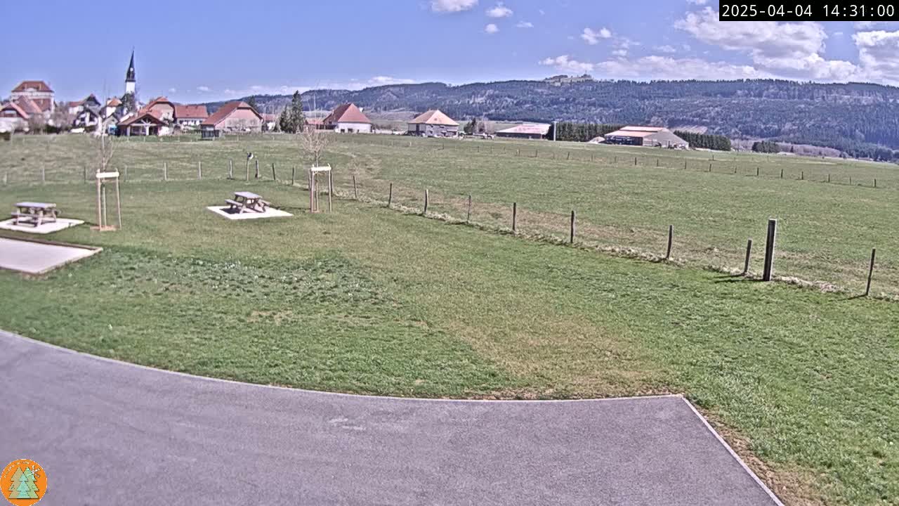 A grassy field with two picnic tables, a paved area, and a village with a church steeple in the background under a mostly sunny sky.