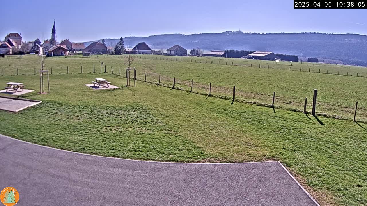 A grassy field with two picnic tables, a paved area, and a village with a church steeple in the background under a clear blue sky.