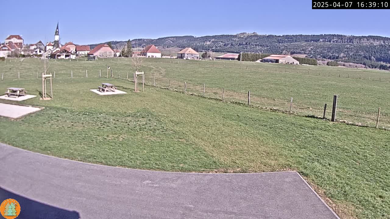 A grassy field with picnic tables, a paved area, and a small village with a church steeple in the background under a clear blue sky.