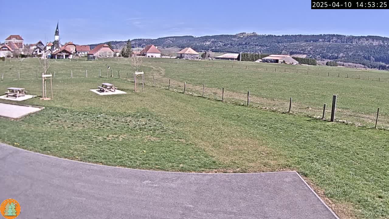 A grassy field with two picnic tables, a village in the background, and a paved area in the foreground under a clear blue sky.