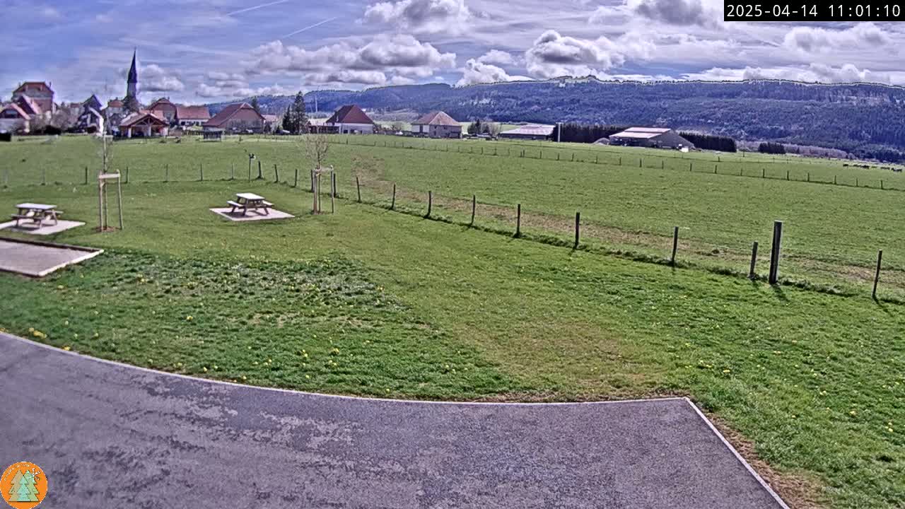 A grassy field with picnic tables, a paved area, and a village in the background under a partly cloudy sky.