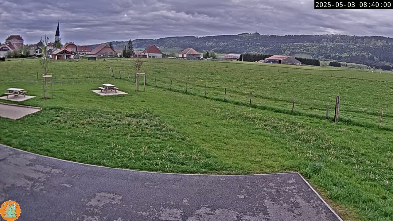 A grassy field with two picnic tables sits in front of a small village under a cloudy sky.