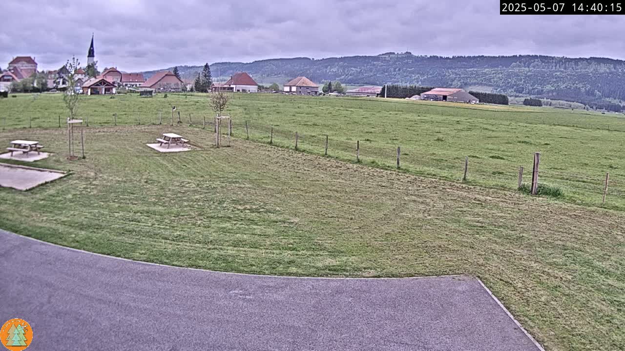 Under an overcast sky, a grassy field with picnic tables sits before a small village nestled at the base of a forested mountain range.