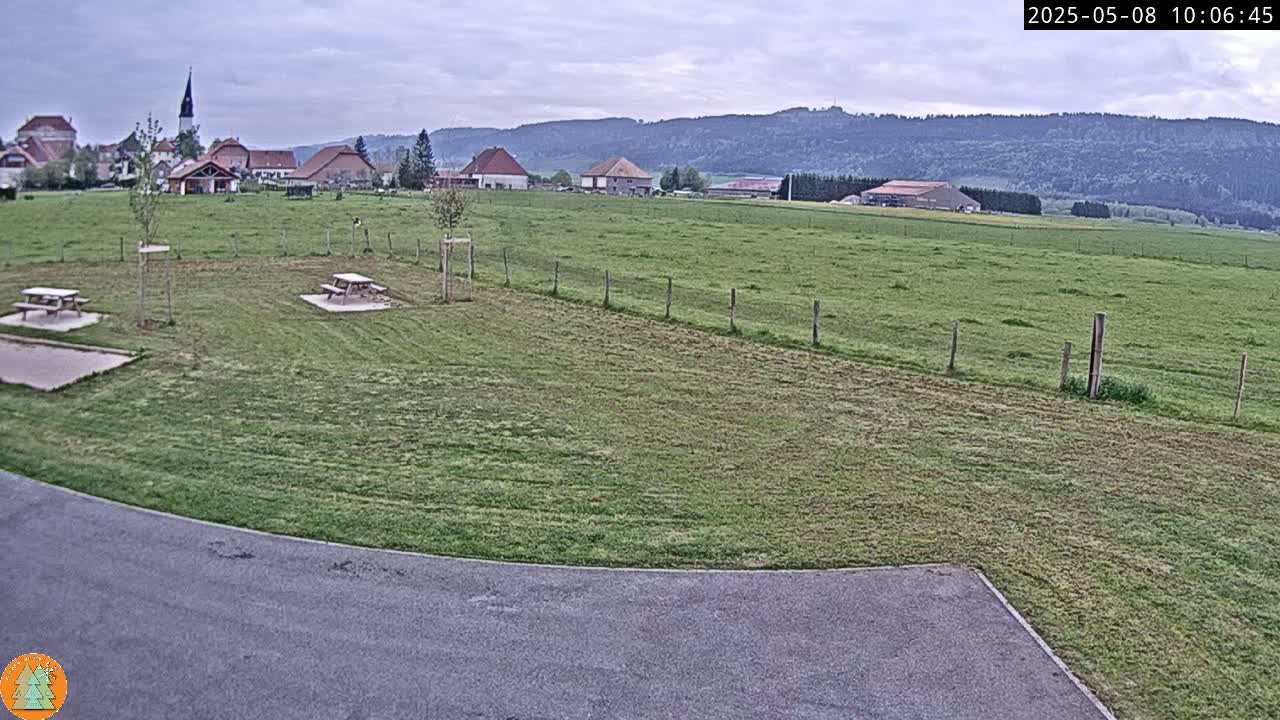 A grassy field with two picnic tables sits before a small village nestled at the foot of a mountain range under an overcast sky.