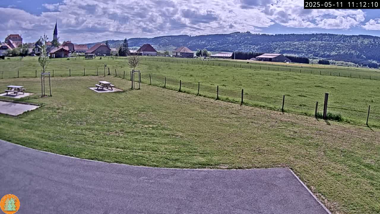 A grassy field with two picnic tables, a paved area, and a village with a church steeple in the background under a partly cloudy sky.