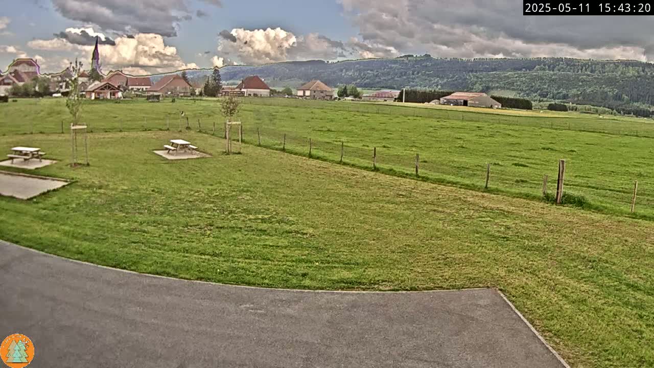 A grassy field with two picnic tables and a paved area, overlooks a small village nestled against a backdrop of rolling hills under a partly cloudy sky.