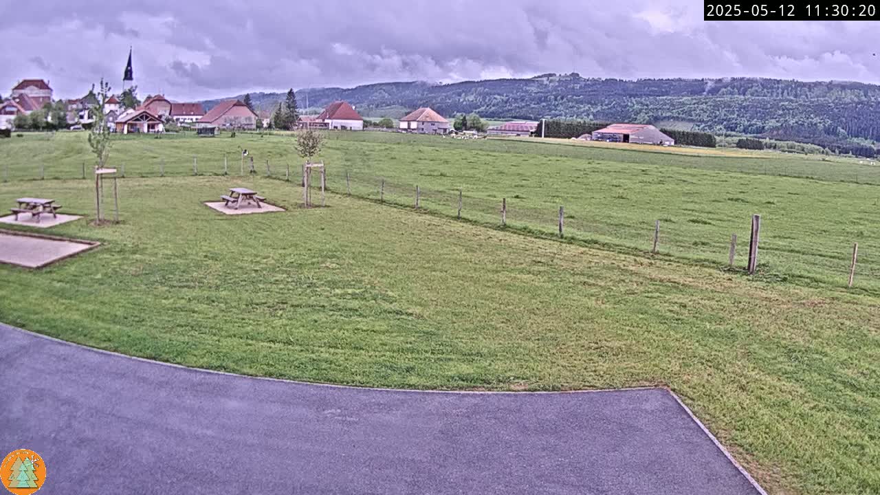 A grassy field with two picnic tables, a paved area, and a small village in the background under a cloudy sky.