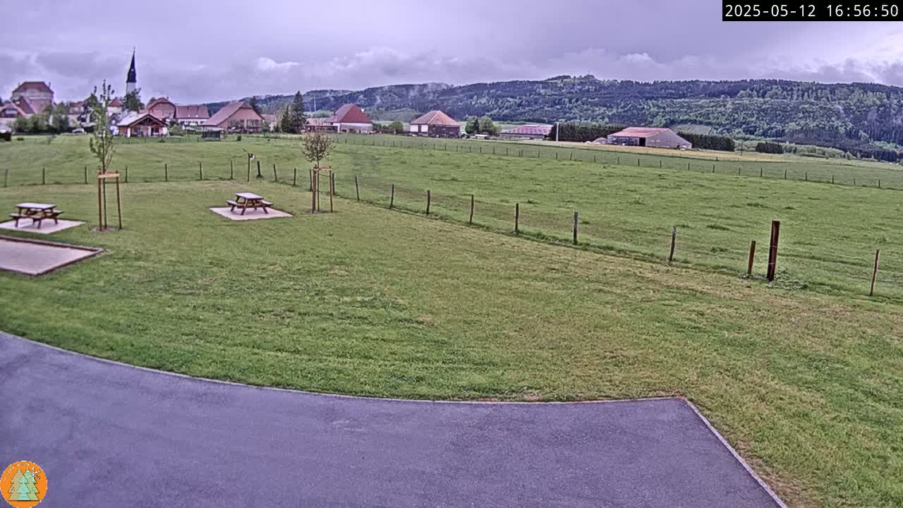 A grassy field with two picnic tables, a paved area, and a village with a church steeple in the background under a cloudy sky.