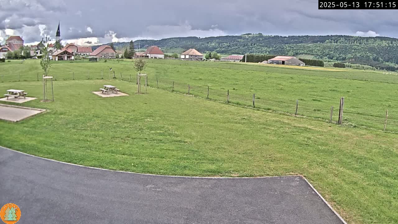 A grassy field with picnic tables, a paved area, and a village in the background under a cloudy sky.