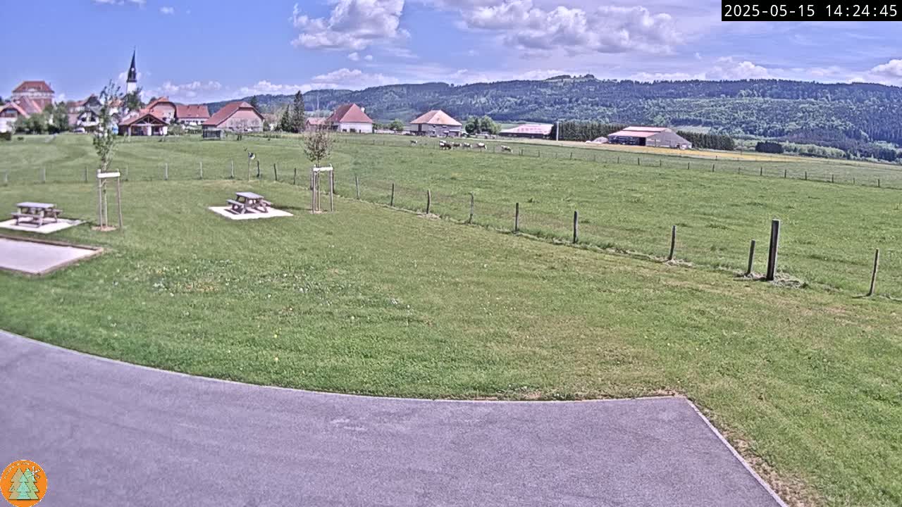 A grassy field with two picnic tables and a paved area, overlooking a small village nestled against a backdrop of rolling hills under a mostly sunny sky.