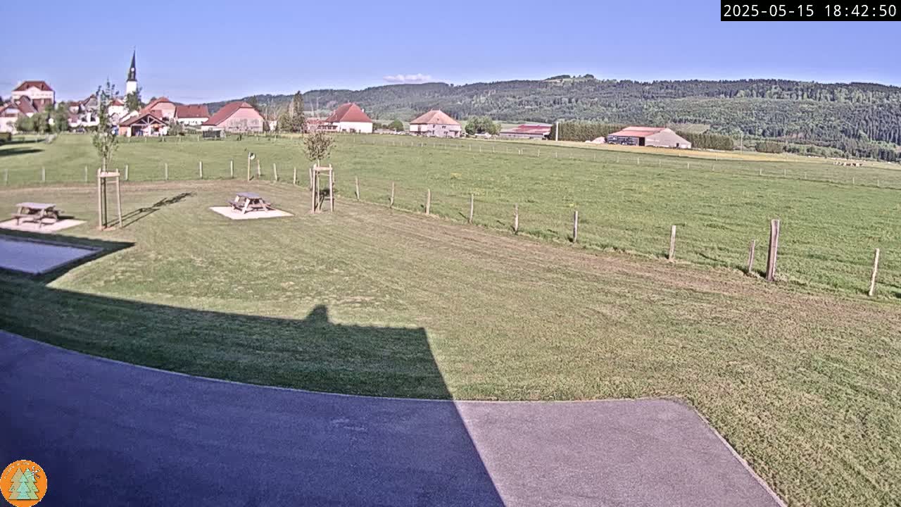 A grassy field with two picnic tables and a small village in the background under a clear blue sky.