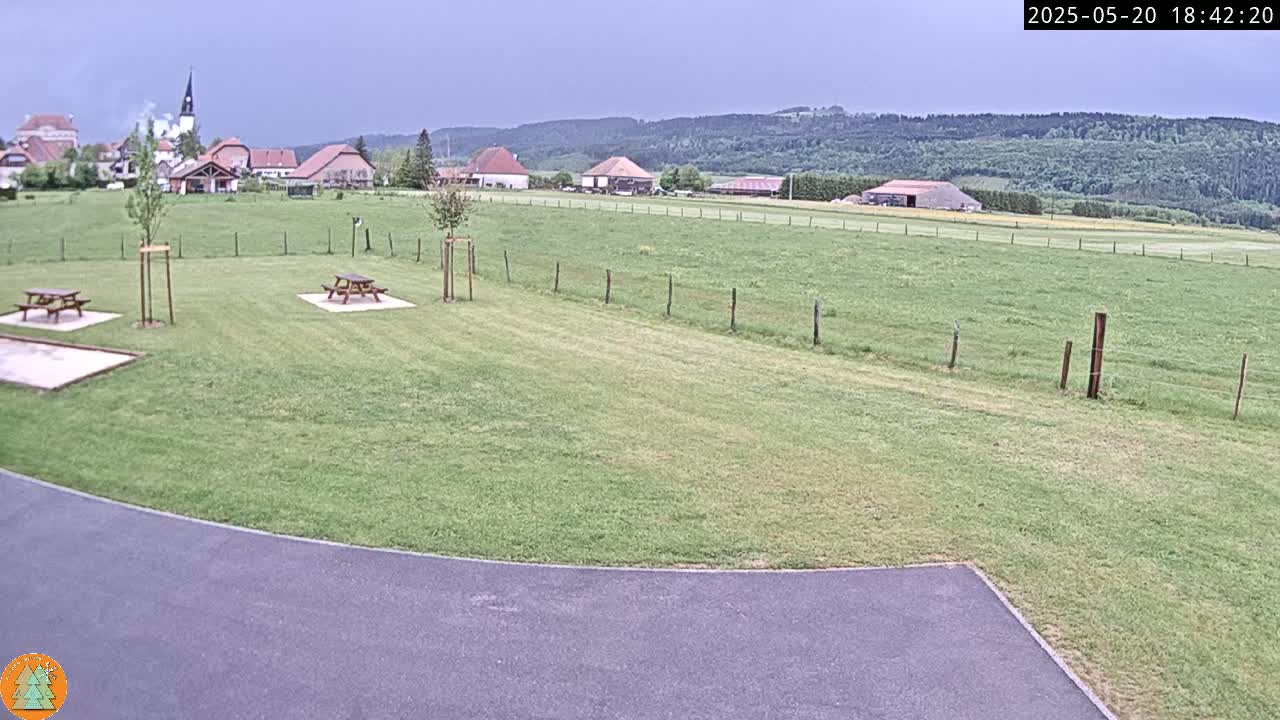 A grassy field with picnic tables, a paved area, and a small village in the background under an overcast sky.