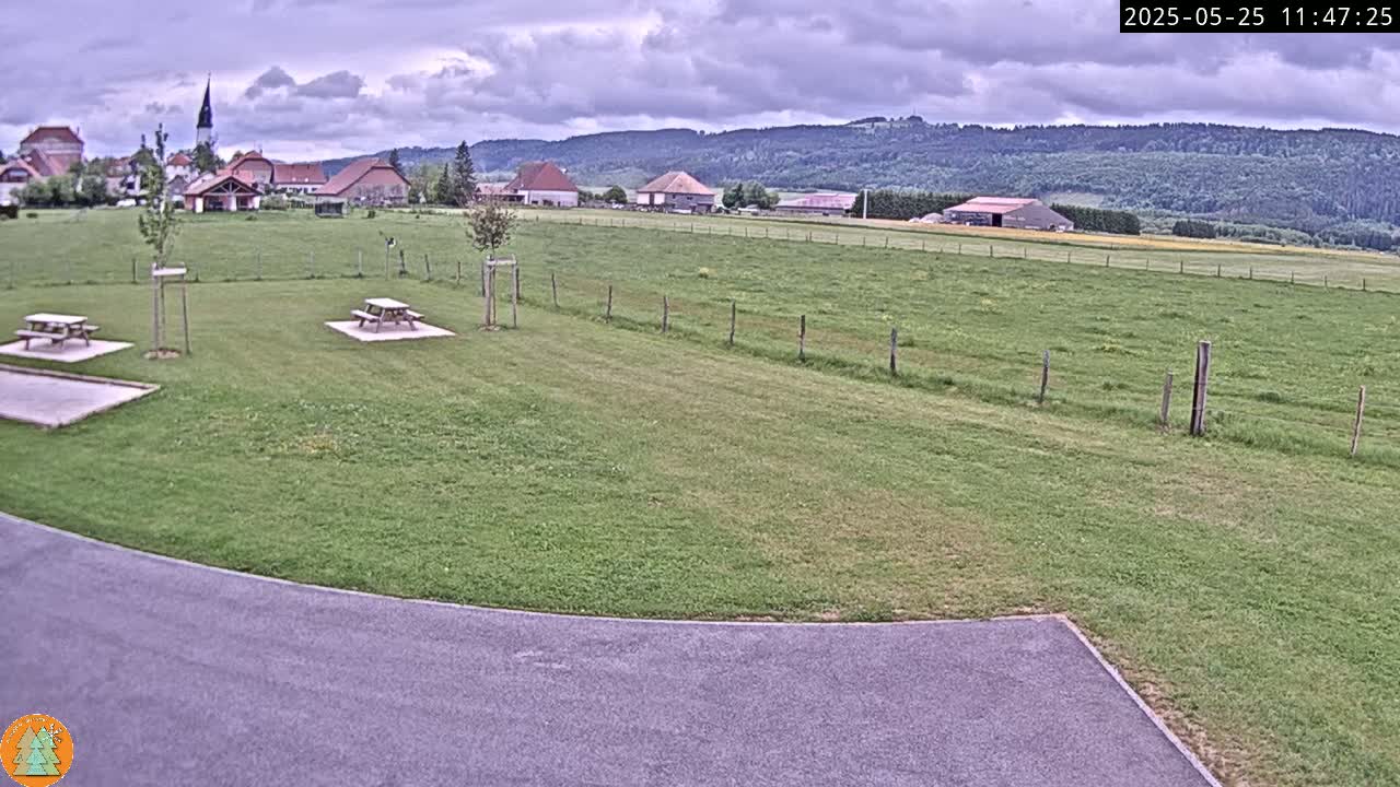 A grassy field with two picnic tables, a paved area, and a village with a church steeple in the background under a cloudy sky.