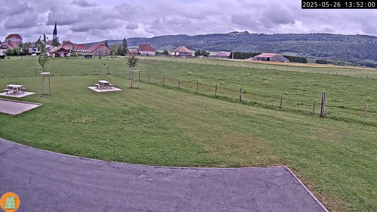 A grassy field with two picnic tables sits in front of a small village nestled in a valley, under a partly cloudy sky.